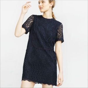 Zara Lace Short Sleeve Shift Dress Navy Blue Women’s Small